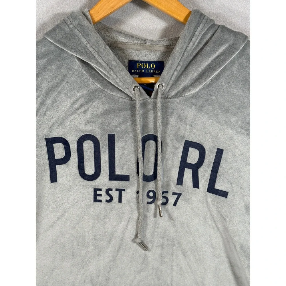 Polo Ralph Lauren Mens Grey Velour Sleepwear Hoodie Logo Large Cozy Luxury Comfy